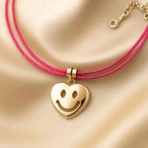 Gold Heart Smiley Pendant Choker – Pink String Necklace Women's Fashion Jewelry